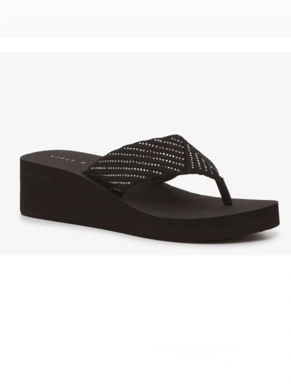 Kelly & Katie Black Wedge Flip Flop Thong Platform Sandal with Rhinestone Accent - Picture 1 of 16